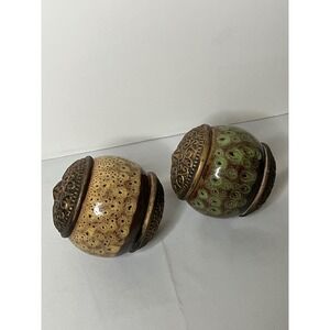 2 Vintage Style Ceramic Decor Ball Orbs Filigree Metal Caps Green Tan